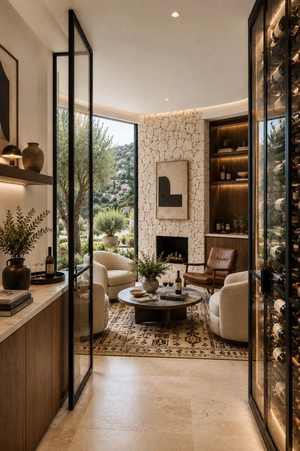 Wine lounge with limestone fireplace and glazed cellar wall