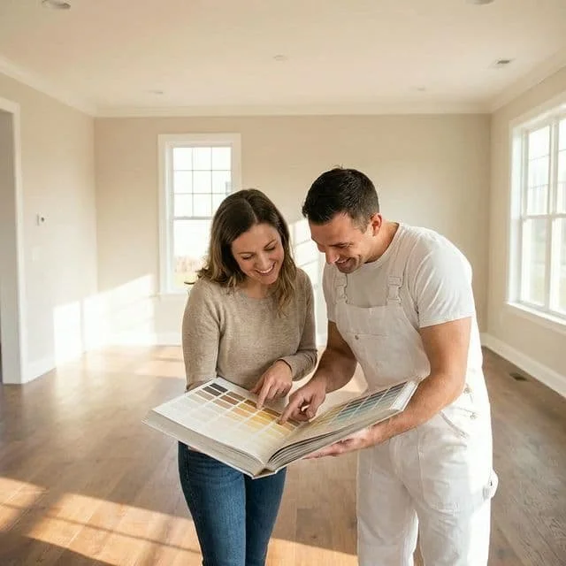A smiling woman and man in light-colored clothes looking at a color sample book in a bright, empty room with large windows.