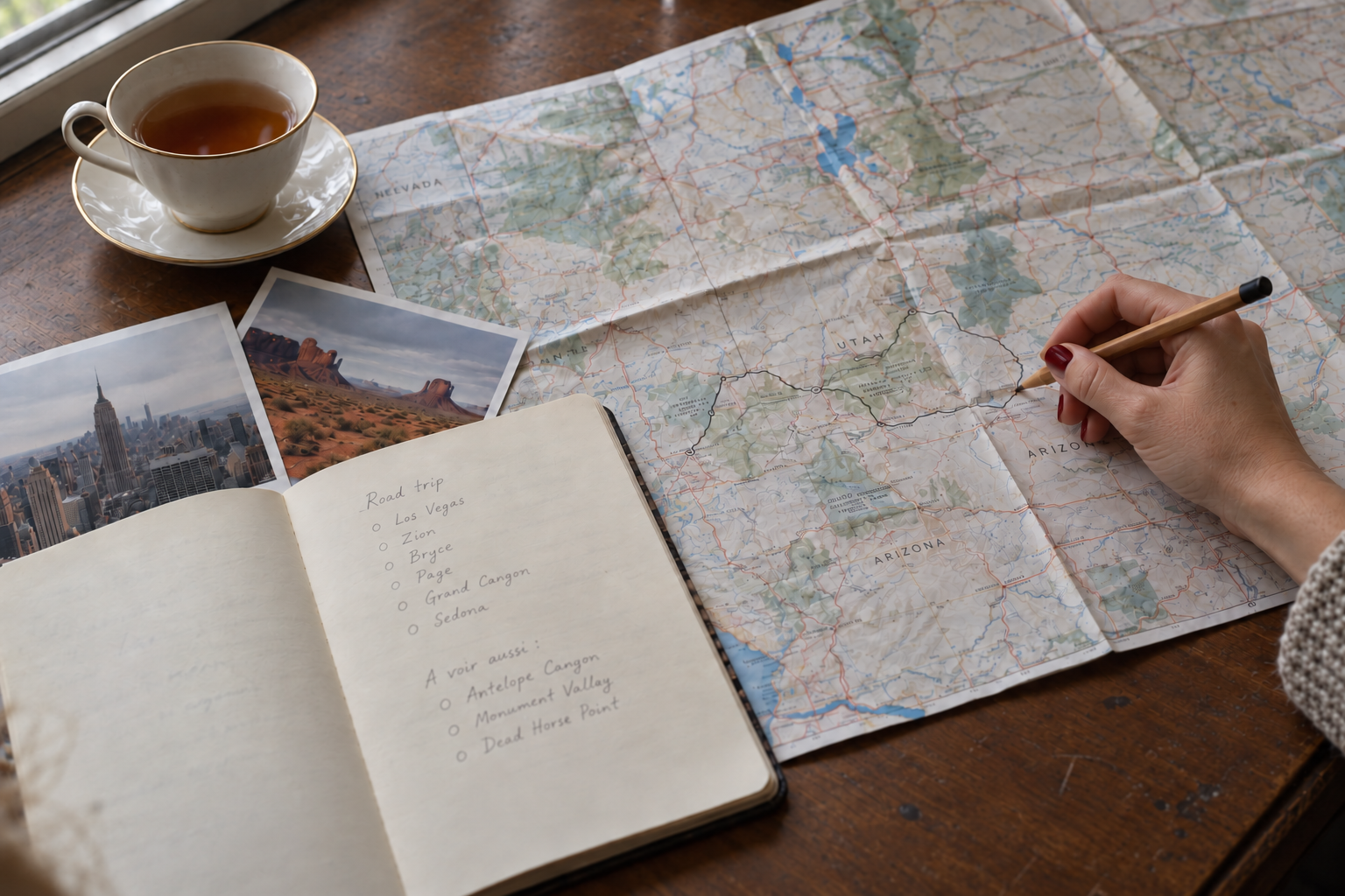 Main tenant une carte routière ouverte, entourée de deux photographies de paysages urbains et désertiques, une tasse de thé ou café, une feuille de carnet avec une liste de voyage en anglais, et une main en train de tracer un itinéraire sur la carte.