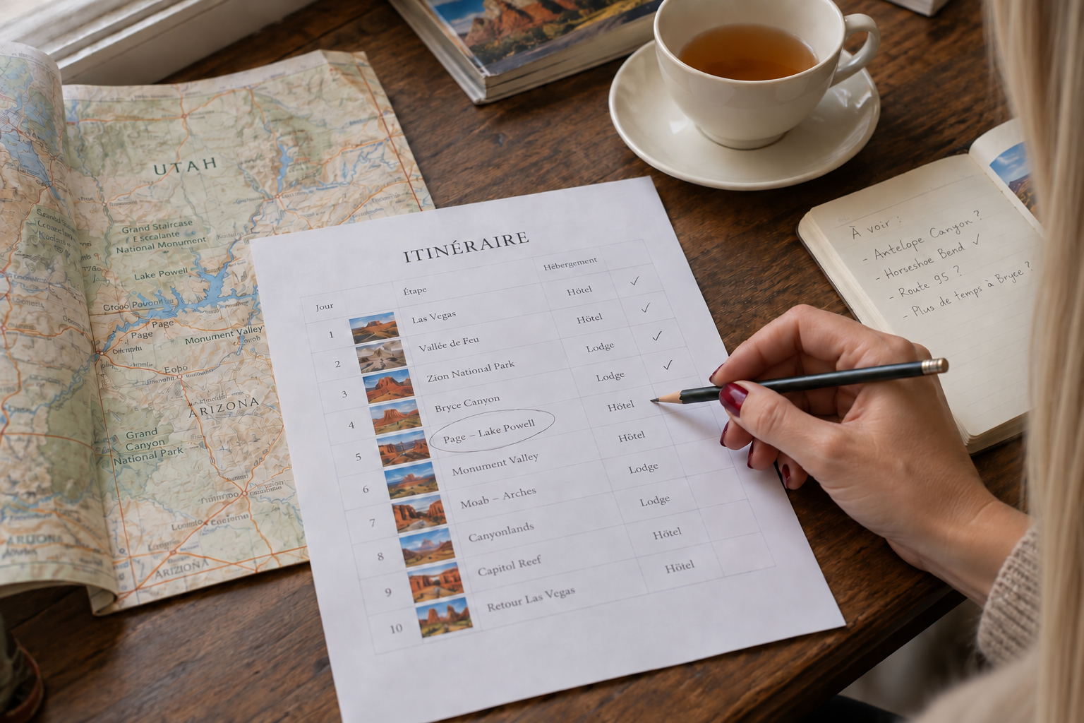 Une personne prépare un itinéraire de voyage avec une carte des États-Unis, un plan écrit, et un carnet, accompagnée d'une tasse de thé ou café sur une table en bois.