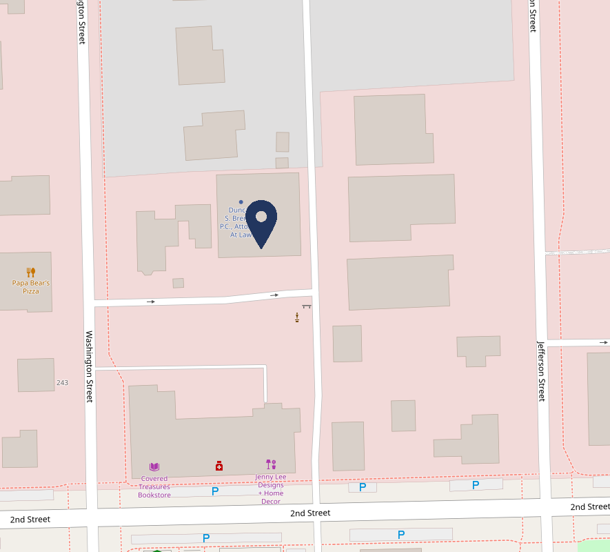 Map showing a location pin near Washington Street and 2nd Street, with nearby businesses and parking areas.