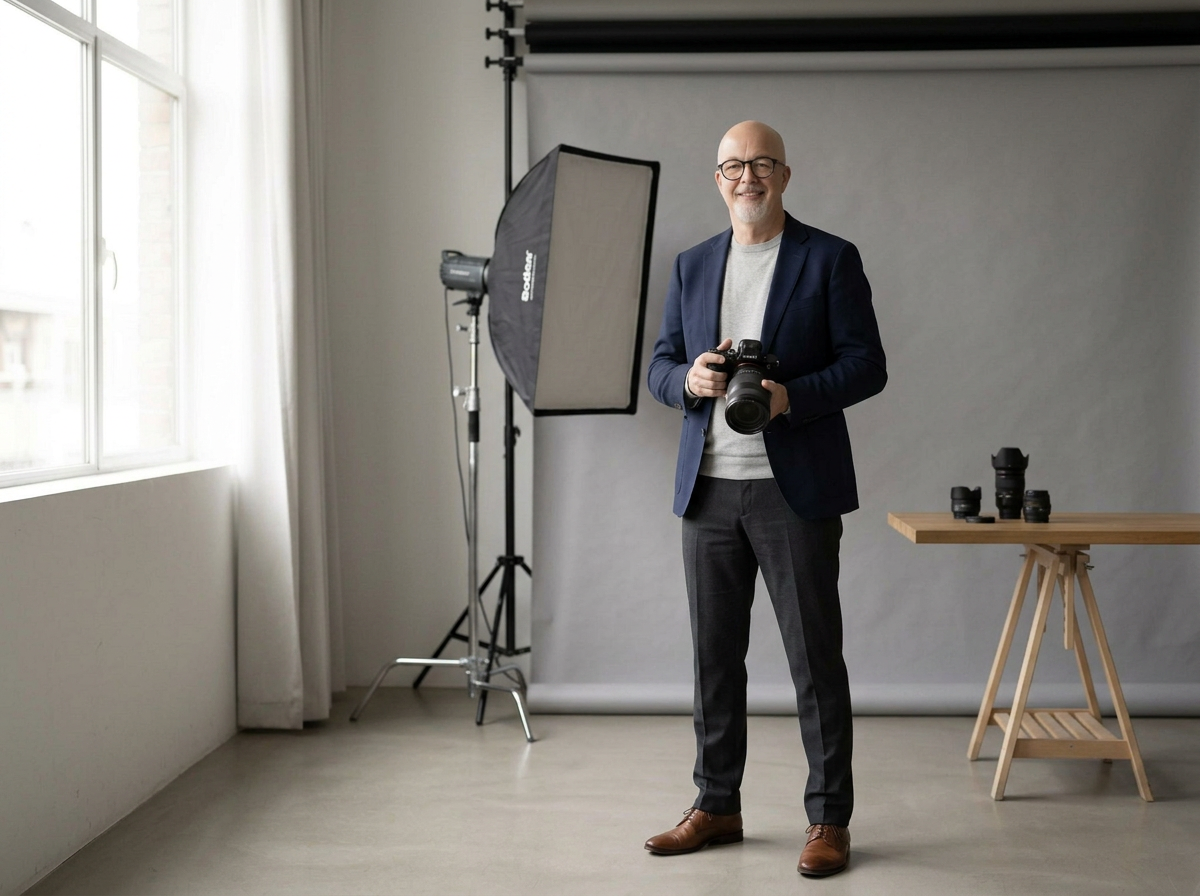 A man in a blazer and gray pants holding a camera in a photography studio. Photography equipment, including lighting and lenses, are visible in the background and on a wooden table.
