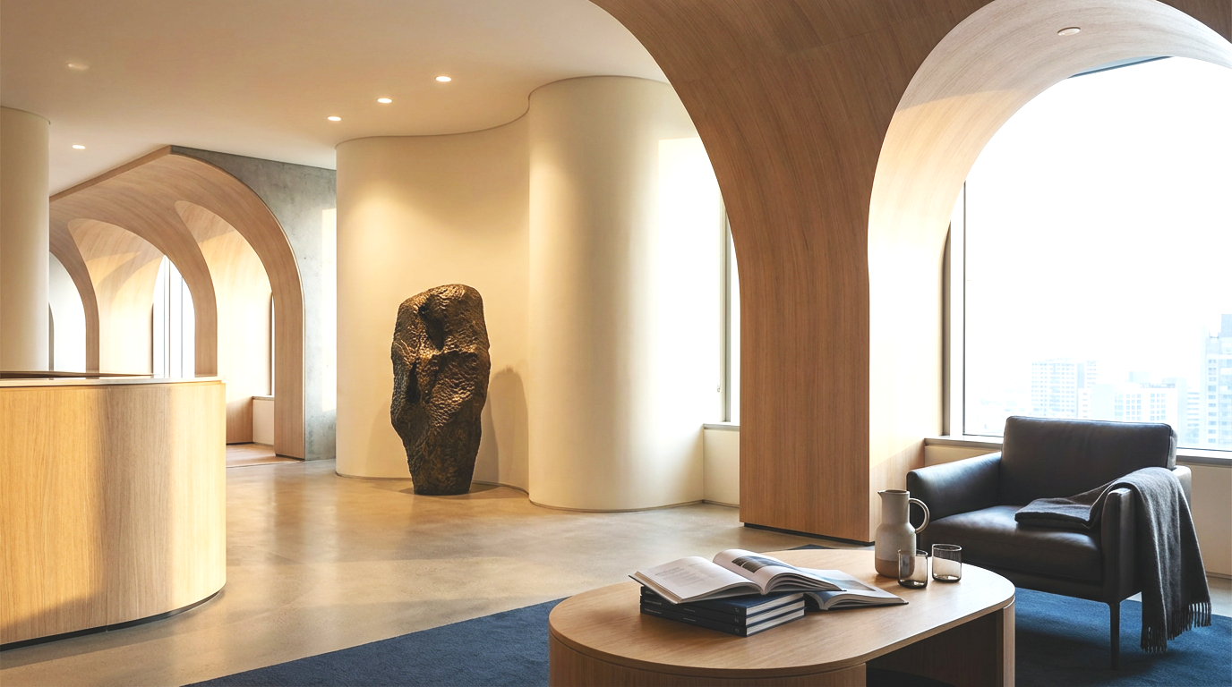 Contemporary business interior with curved wooden arches, neutral furnishings and modern architectural design.