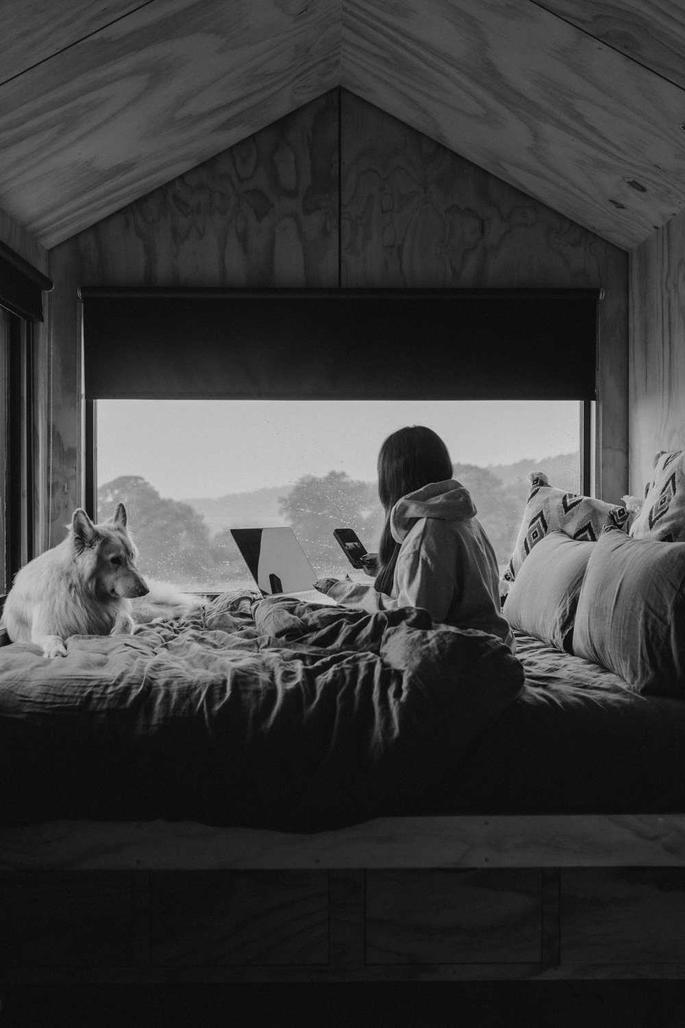 A person and a dog sitting on a bed inside a wooden cabin, looking out a large window at the rainy landscape outside.