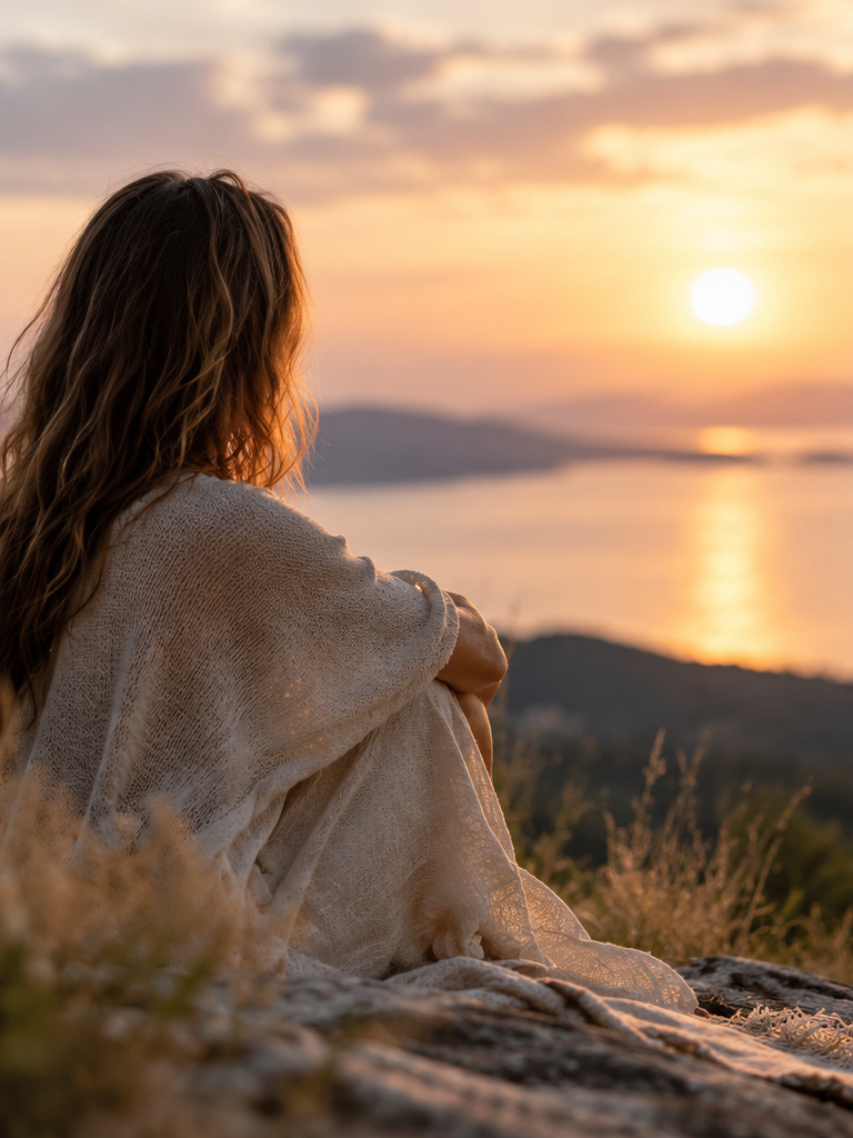 Woman in a cream shawl sitting on a rocky overlook, watching the sunset over a calm lake