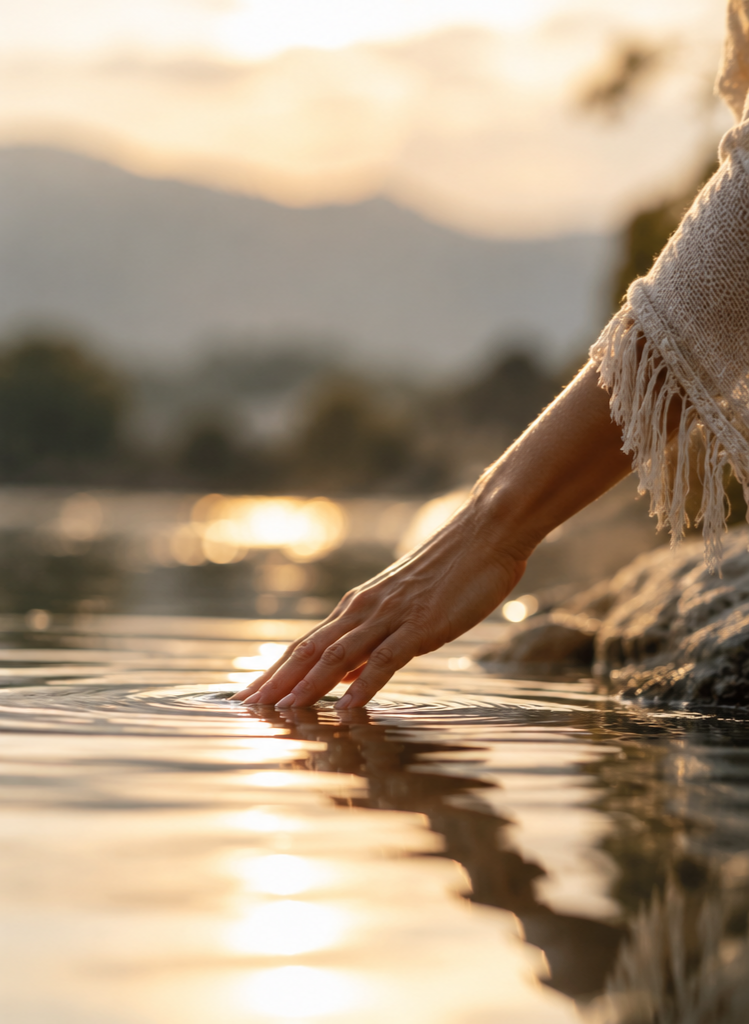 Person touching calm lake water at sunset, with mountains in the background