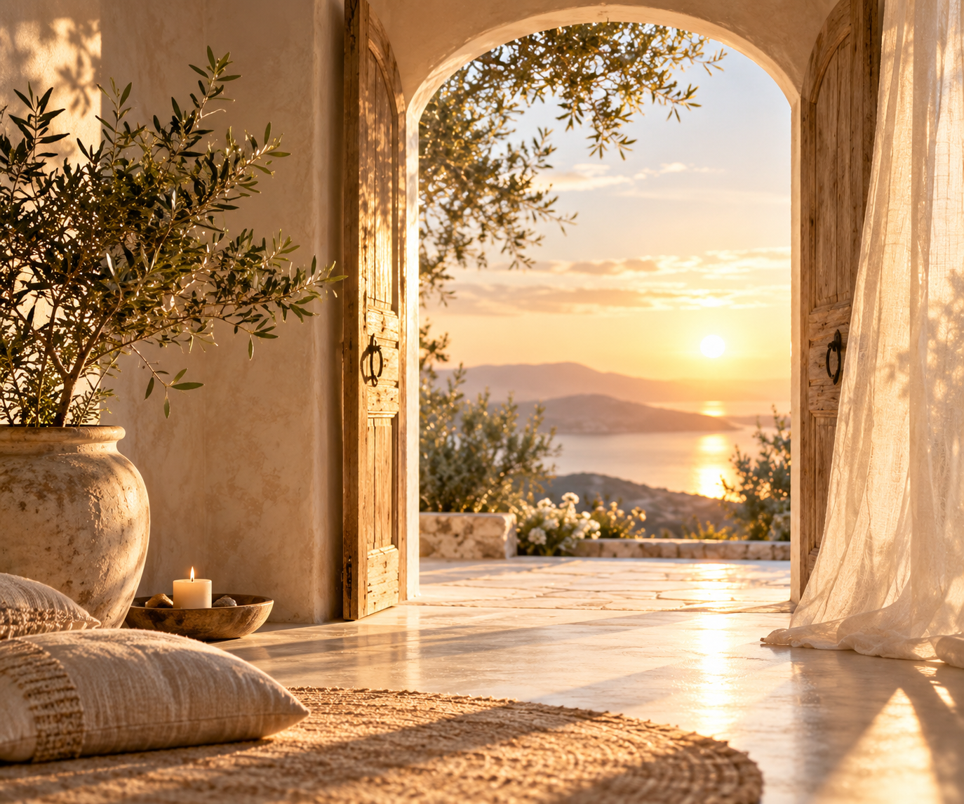 Mediterranean room with open wooden doors overlooking a sunset sea view, olive tree, candle, and sheer curtains