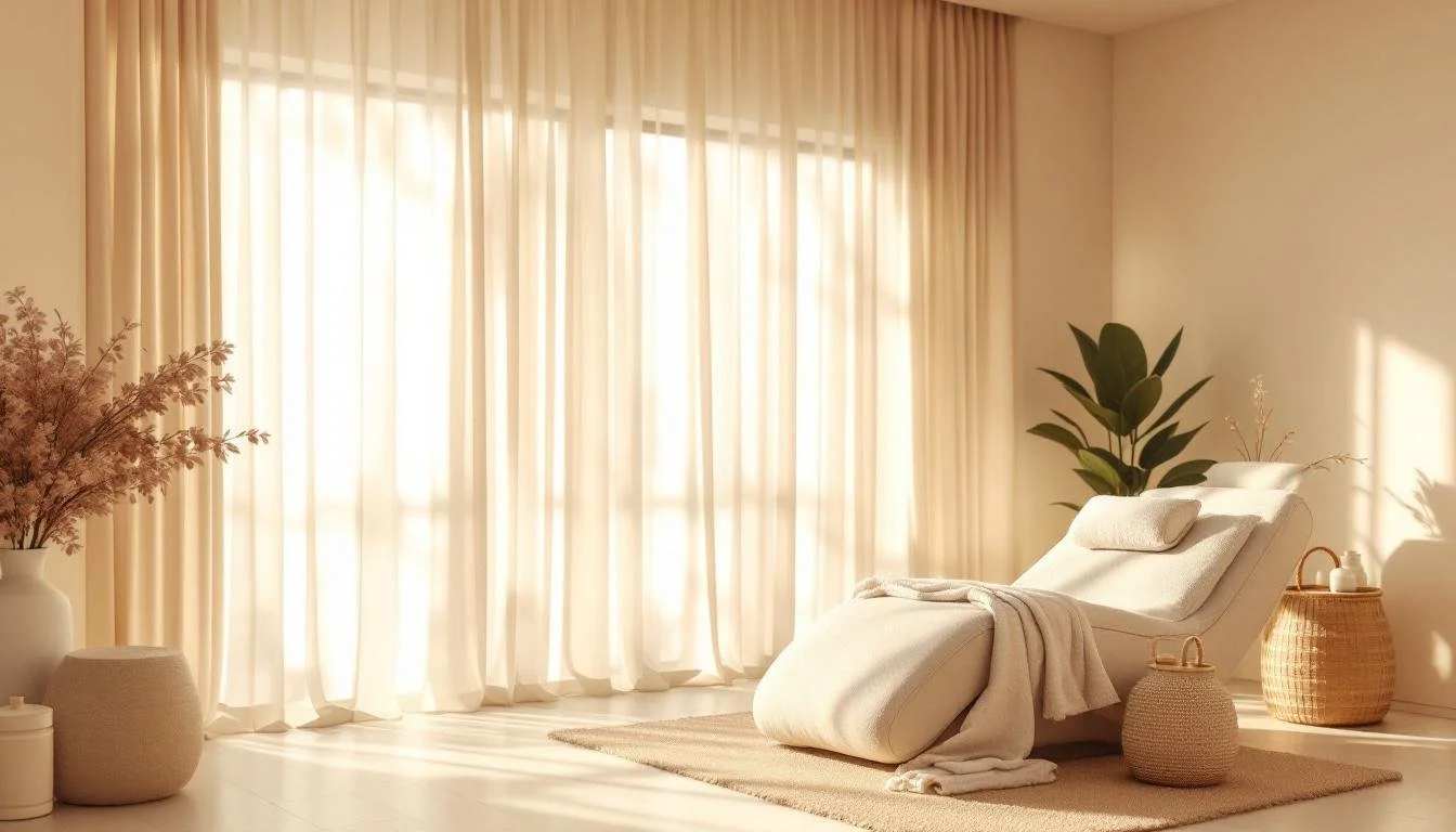 Sunlit minimalist living room with sheer curtains, a cream chaise lounge, soft rug, woven baskets, and indoor plants