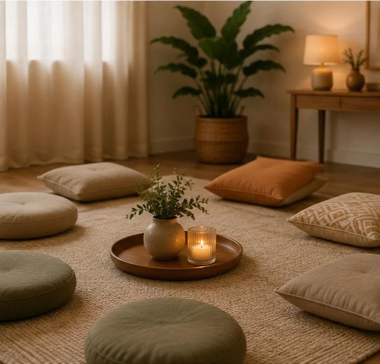 Cozy living room with floor cushions, a potted plant, console table, and candlelit tray on a textured rug