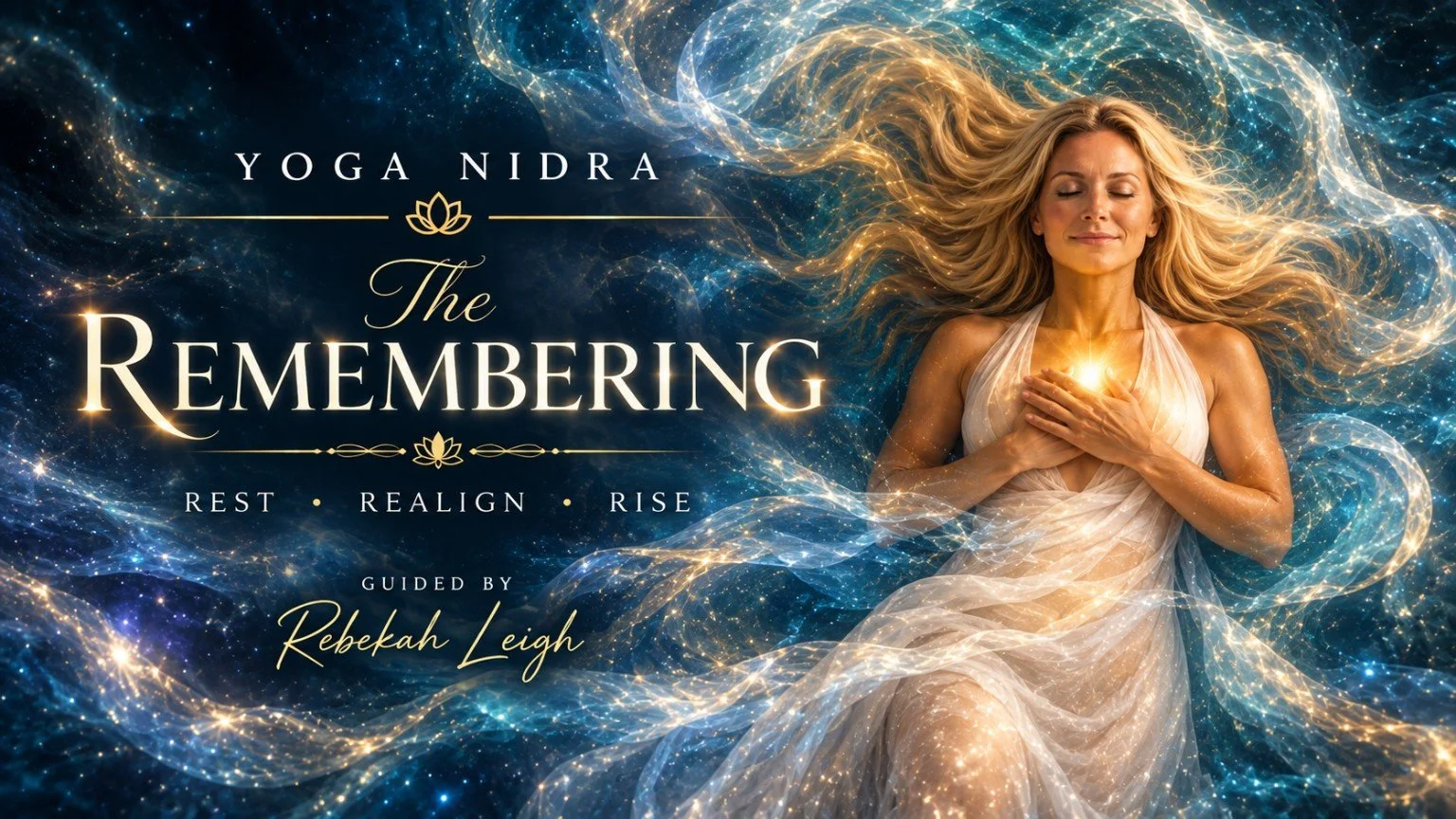 Yoga Nidra promotional banner featuring a serene woman in a flowing white dress surrounded by cosmic light, with text reading “The Remembering: Rest, Realign, Rise,” guided by Rebekah Leigh.