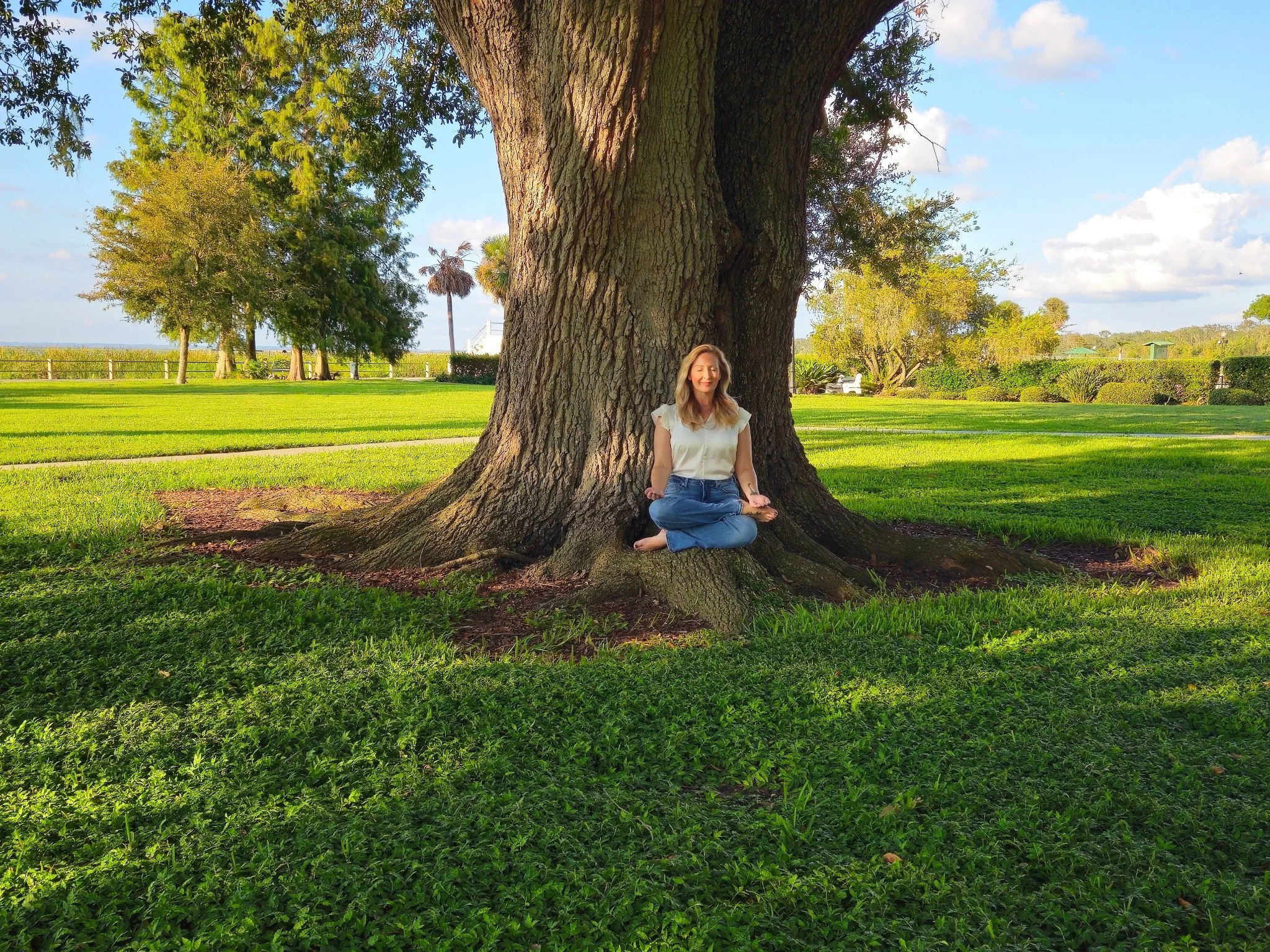 Woman meditating cross-legged beneath a large tree in a sunny landscaped garden