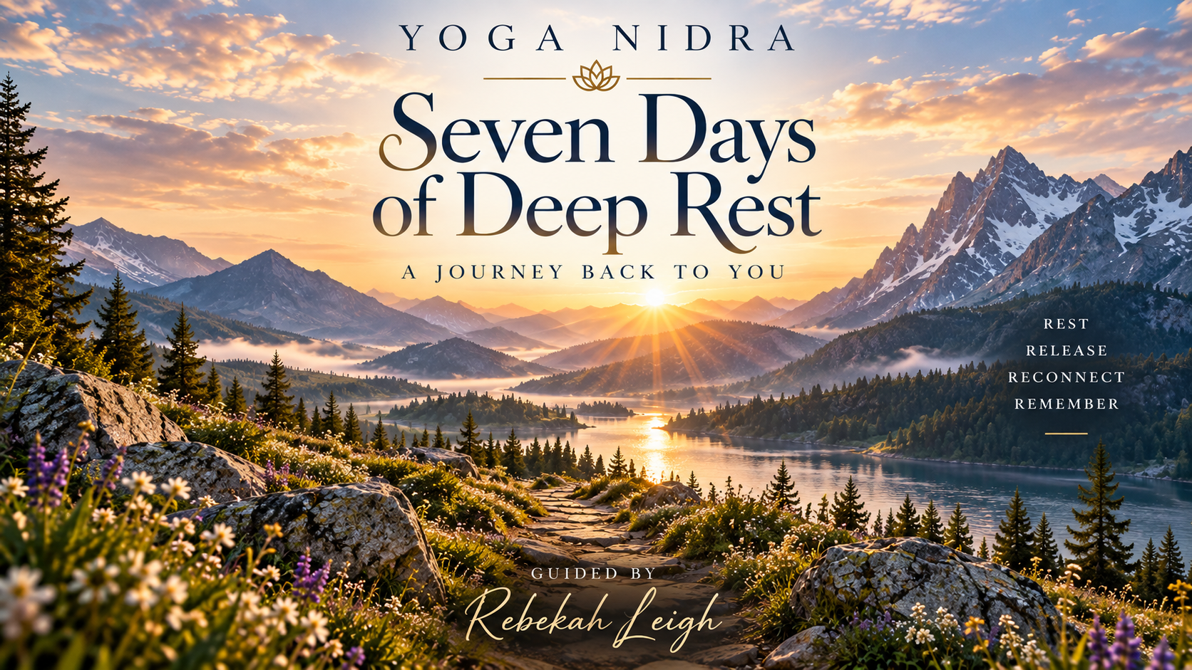 Yoga Nidra Seven Days of Deep Rest retreat graphic featuring a sunrise mountain lake, forest trail, wildflowers, and text guided by Rebekah Leigh.