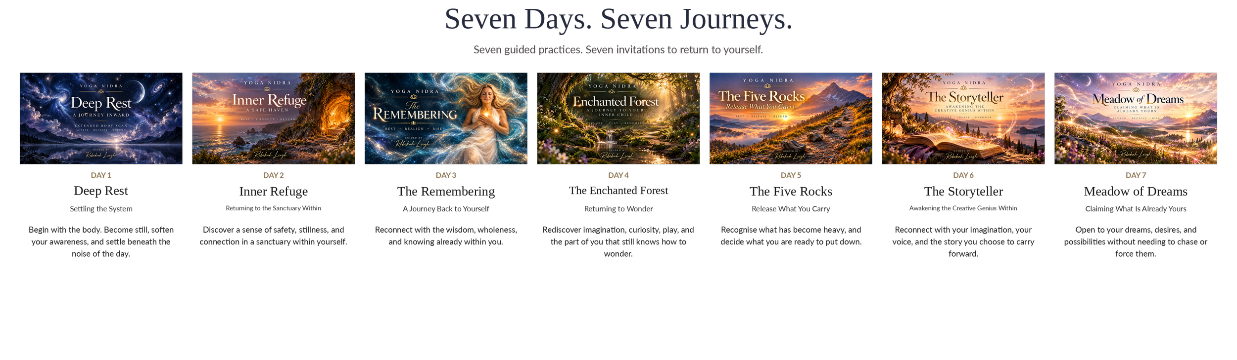 Seven-day yoga nidra journey banner featuring illustrated cards for Deep Rest, Inner Refuge, The Remembering, Enchanted Forest, The Five Rocks, The Storyteller, and Meadow of Dreams.
