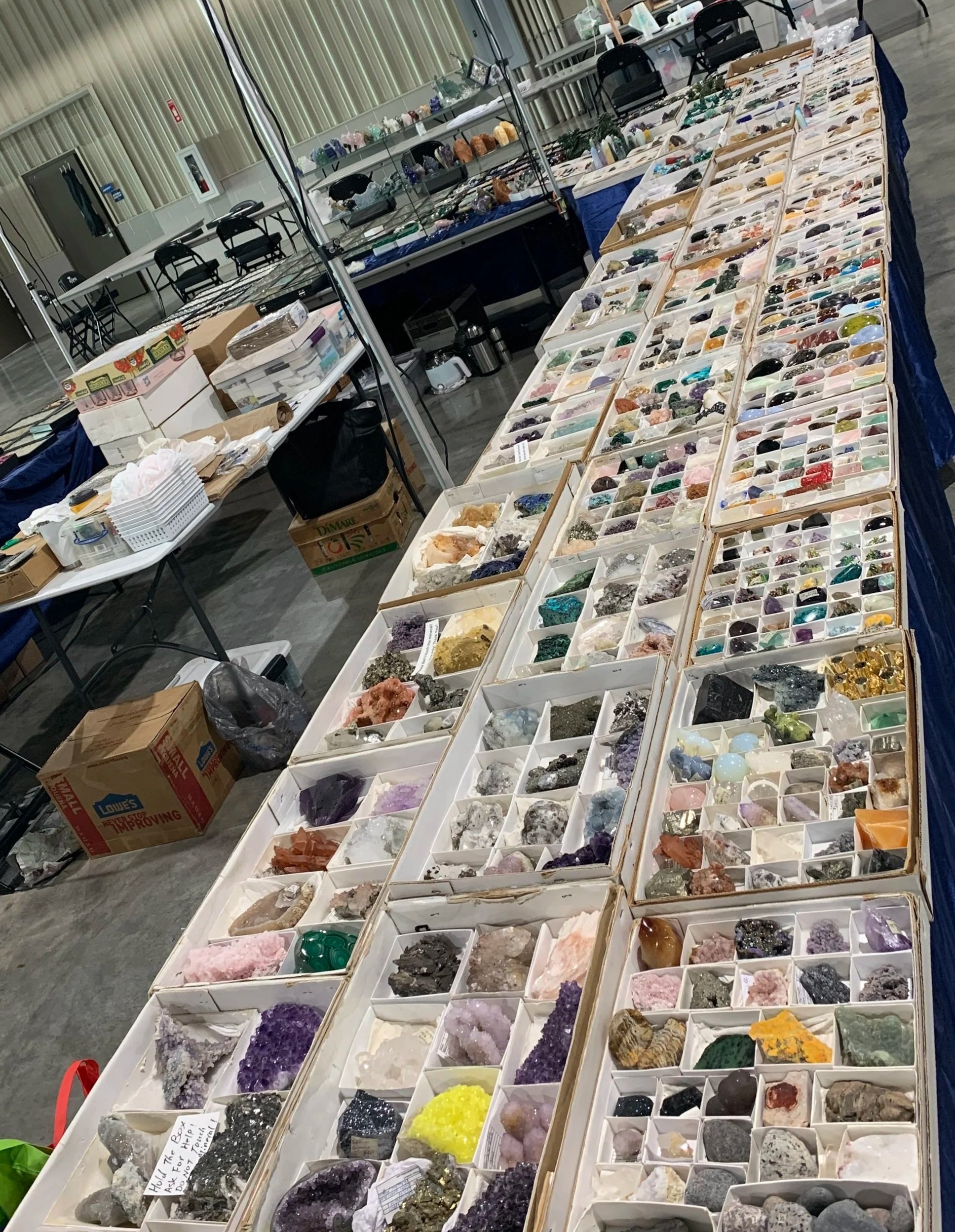 A large collection of various gemstones and minerals displayed in white boxes on tables at a mineral show or marketplace.