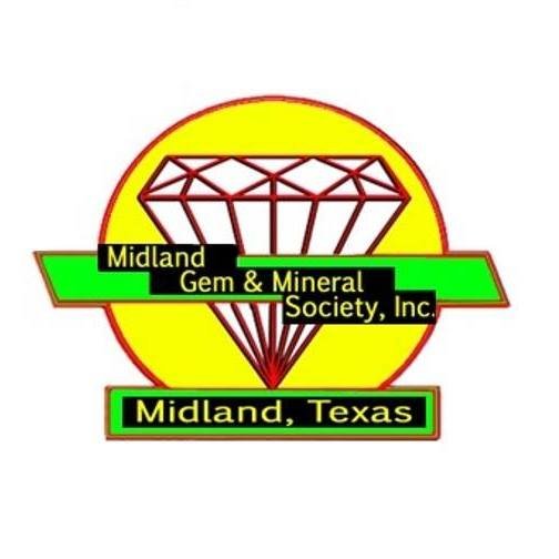 Logo of Midland Gem & Mineral Society Inc. in Midland, Texas, featuring a large diamond illustration on a yellow background with green and black text.
