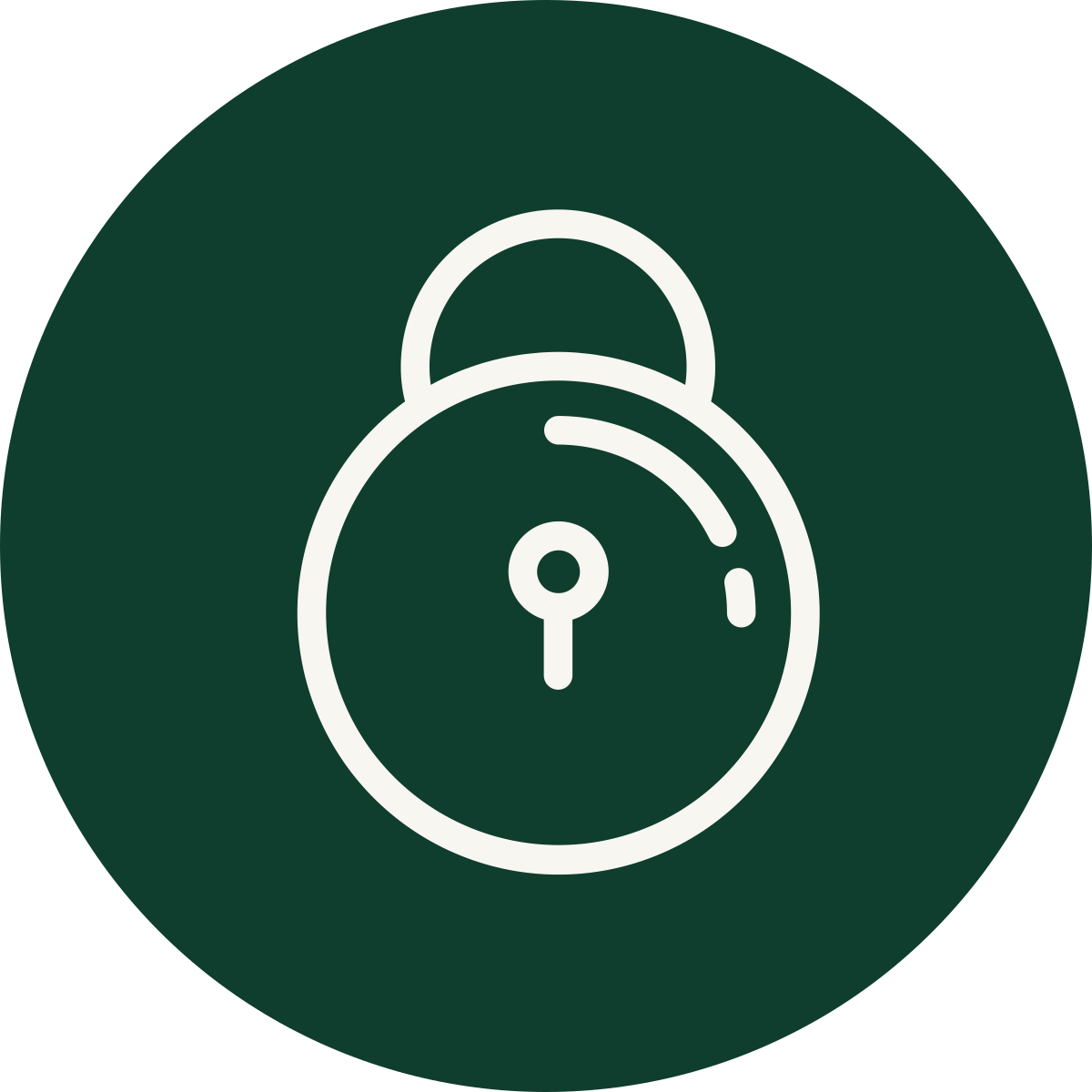 Icon of a lock in white on a dark green circular background.