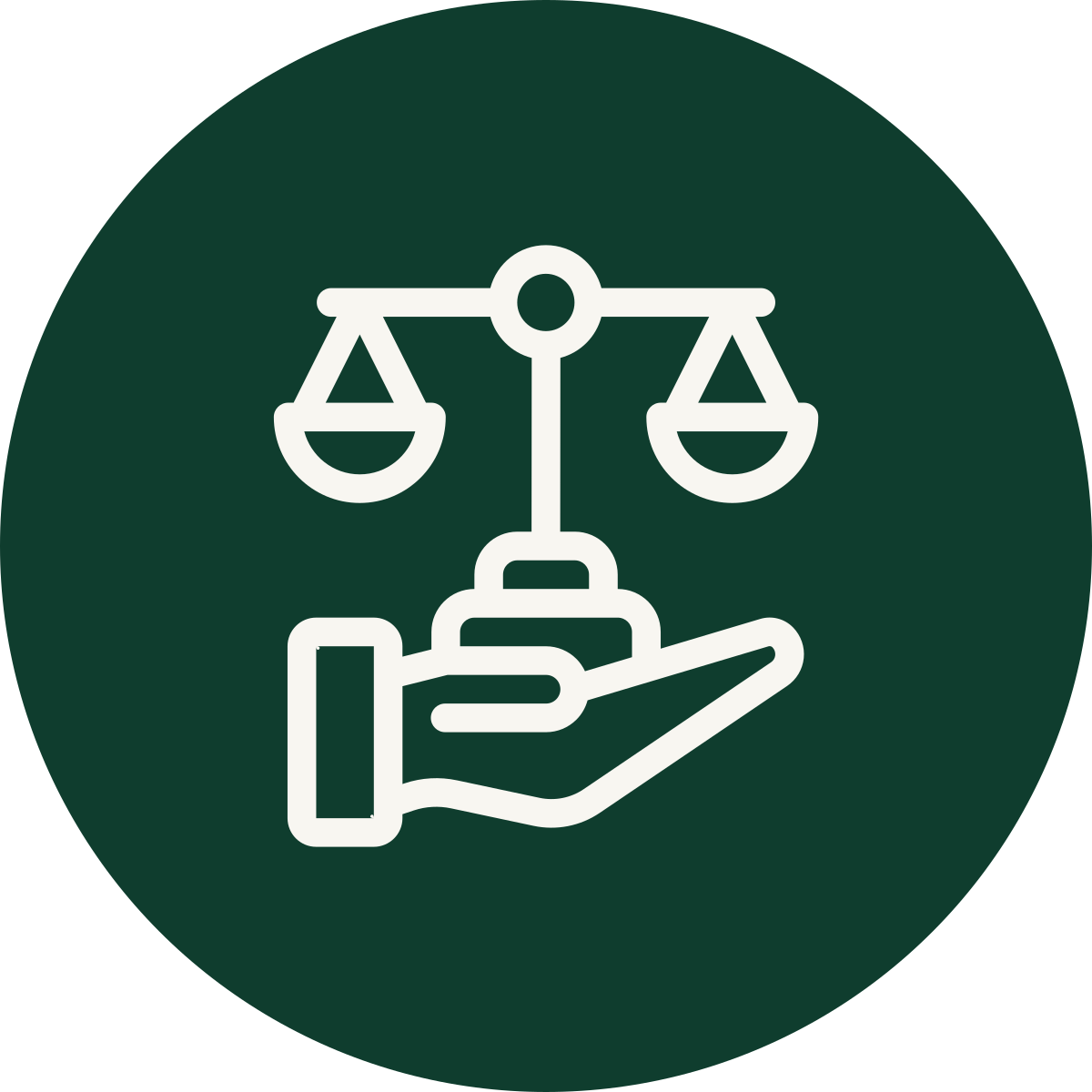 Icon of a hand holding a balance scale, representing justice or legal matters, on a dark green circular background.
