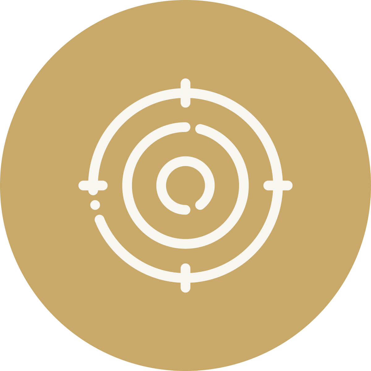 Target icon with concentric circles and crosshairs on a gold circular background.