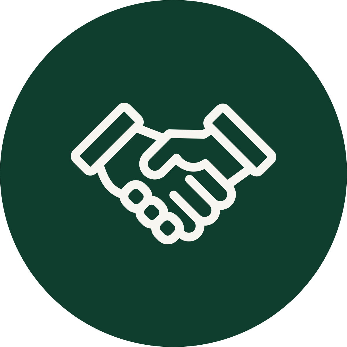 Icon of two hands shaking, representing agreement or partnership, on a dark green circular background.