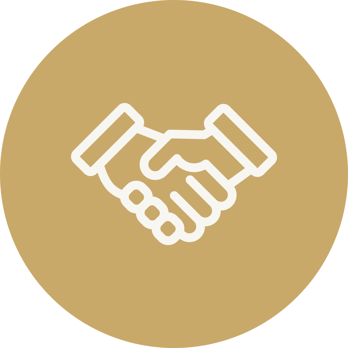Simple illustration of a handshake icon within a gold circular background.