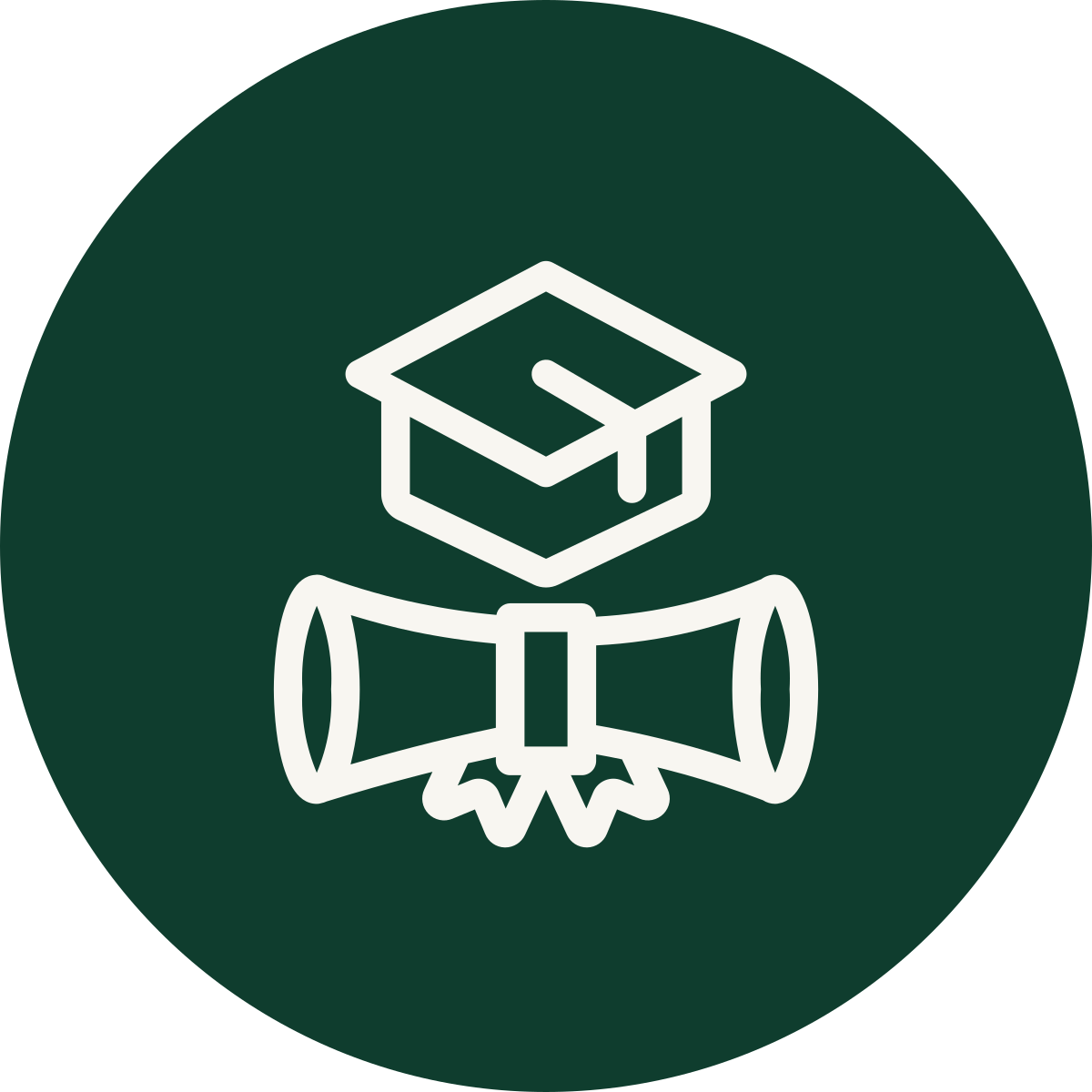 Icon of a graduation cap and a diploma with a ribbon, on a dark green circular background.
