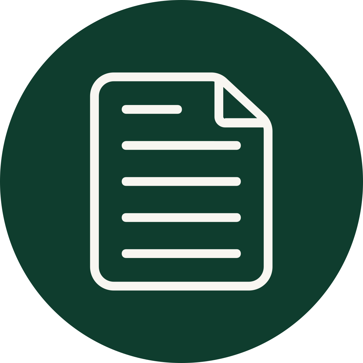 Icon of a document with lines representing text on a dark green circular background.