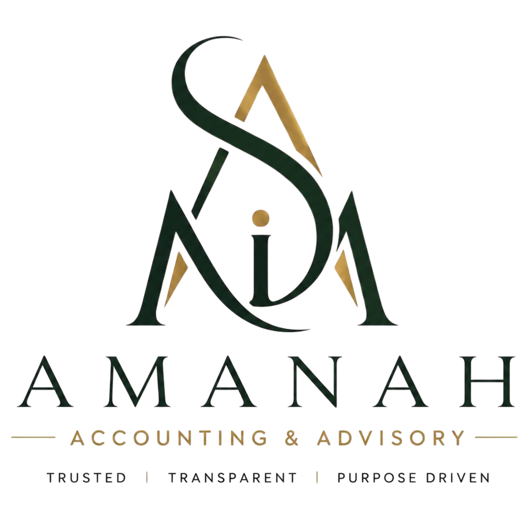 Logo for a company named 'Amana' with the tagline 'Accounting & Advisory' and words 'Trusted, Transparent, Purpose-Driven' below.