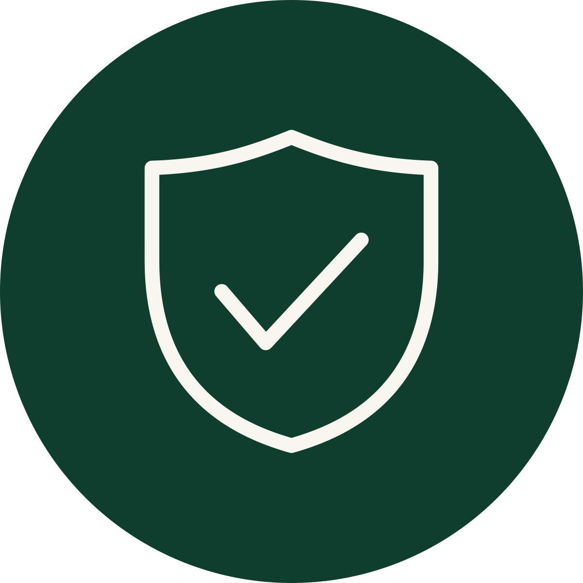 White shield icon with a check mark inside on a dark green circular background.