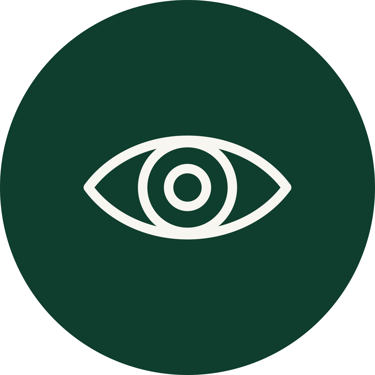 Icon of an eye with a circle in the middle, inside a dark green circle.