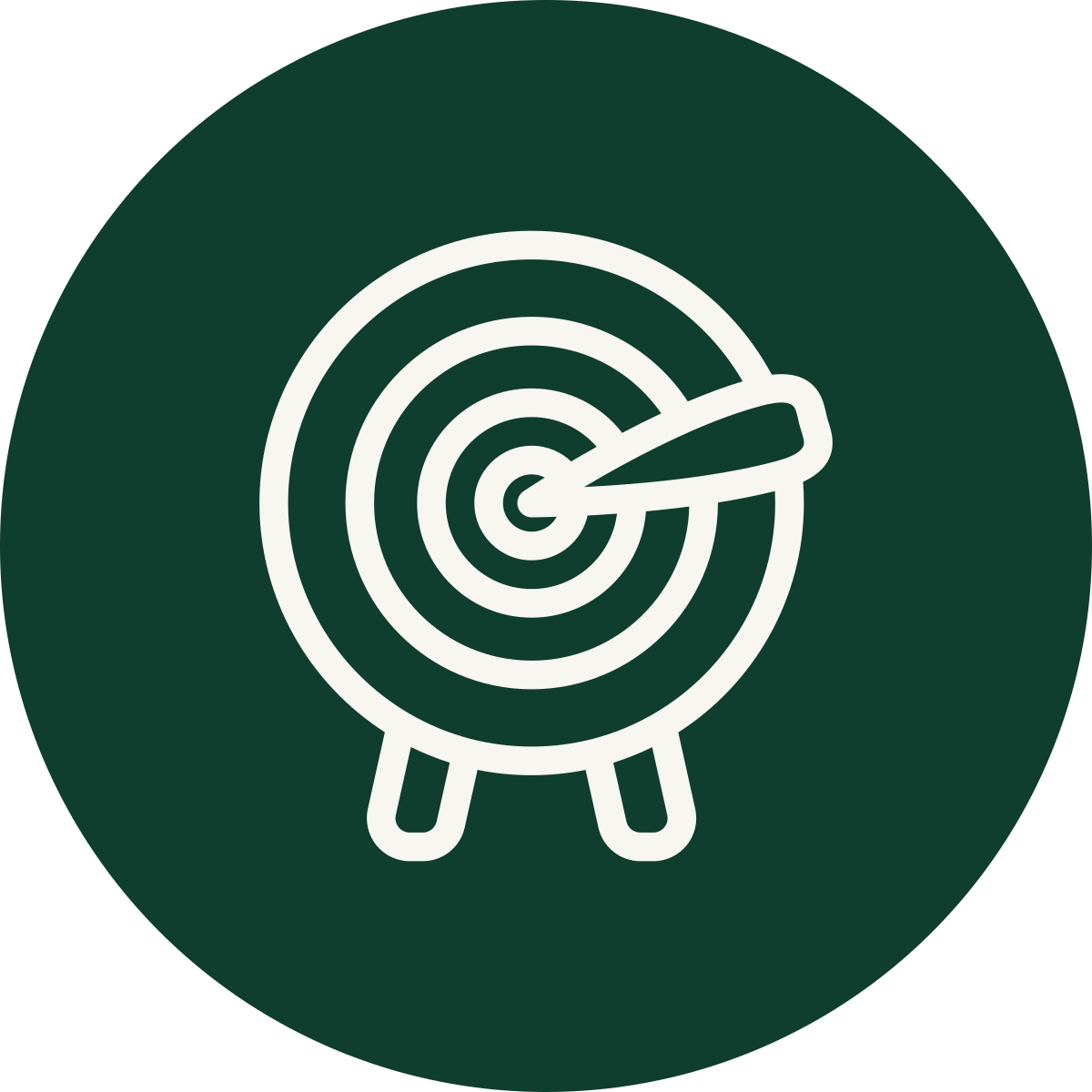 Icon of a dartboard with a dart hitting the bullseye, on a dark green circular background.