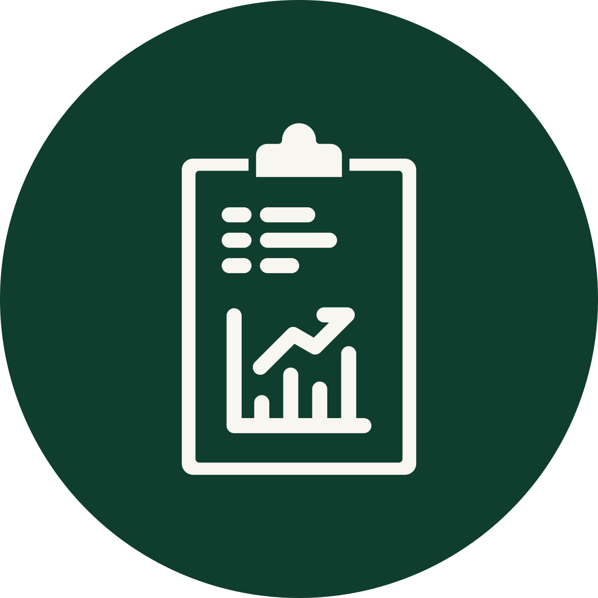 Icon of a clipboard with a bar graph and an upward trending arrow, representing growth or progress.