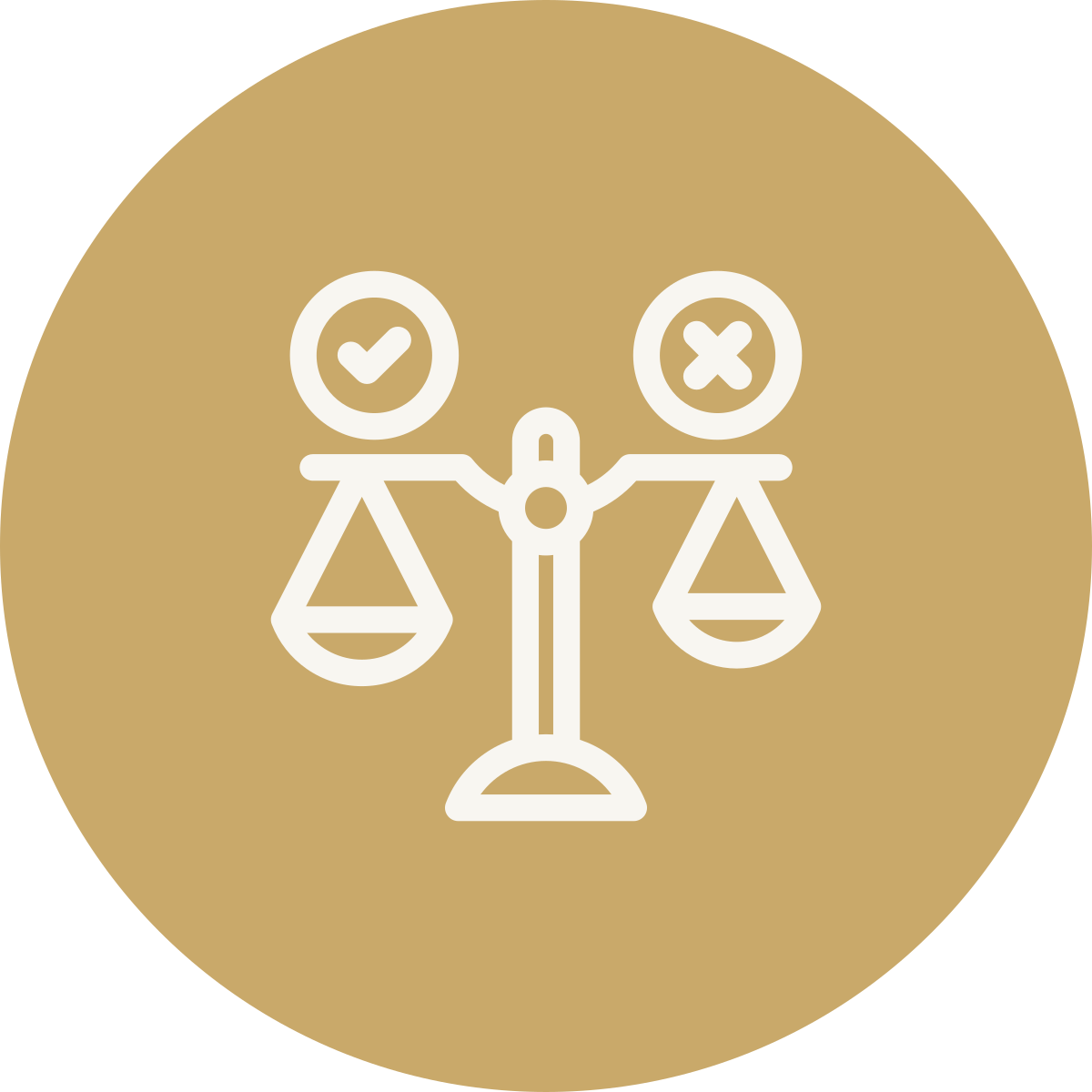 An icon depicting a balance scale with two figures, one with a check mark above its head and the other with an X, symbolizing justice or fairness.