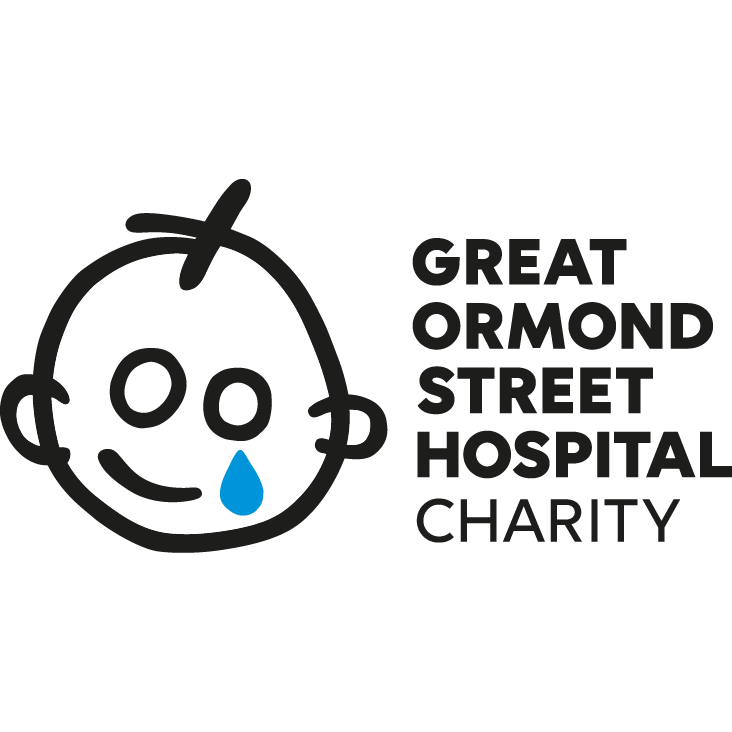 Logo of Great Ormond Street Hospital Charity featuring a cartoon child's face with a single blue tear and text.