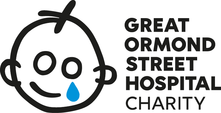 Logo for Great Ormond Street Hospital Charity featuring a cartoon child's face with a tear drop.
