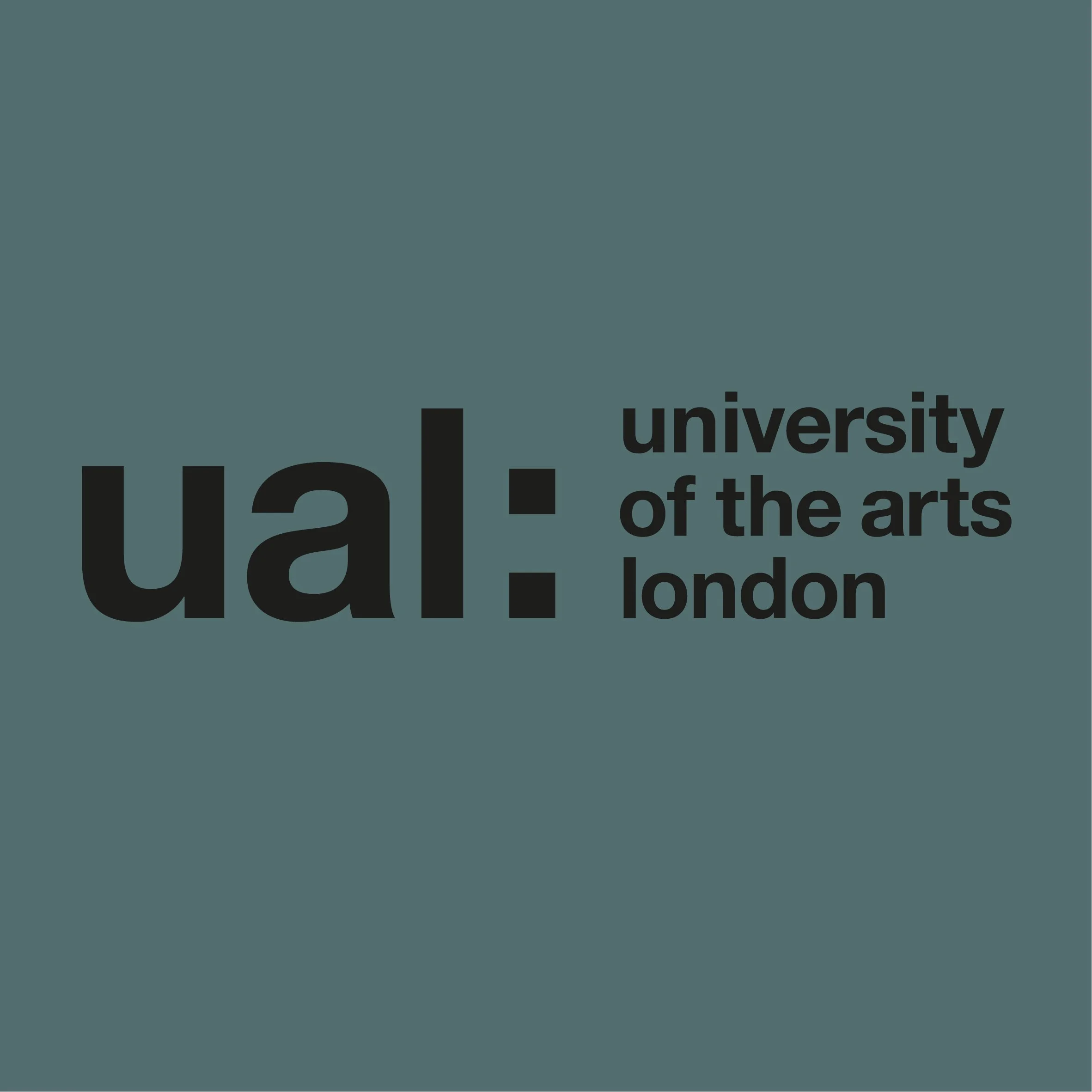 Text saying 'The university of the arts London' with a dark teal background.