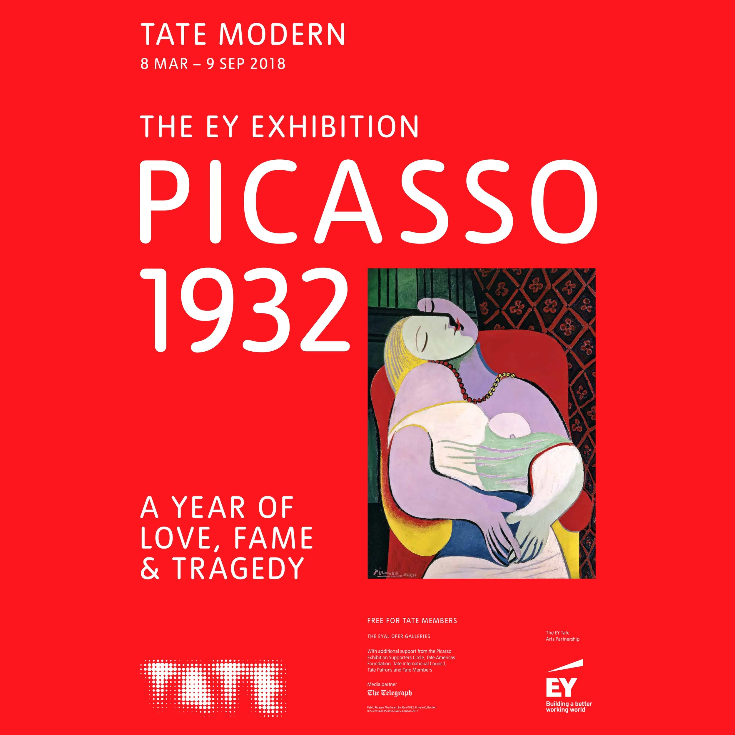 Red poster advertising an exhibition of Pablo Picasso's work at Tate Modern from March 8 to September 9, 2018. Featuring a reproduction of Picasso's painting of a reclining woman with blond hair, purple skin, and jewelry.