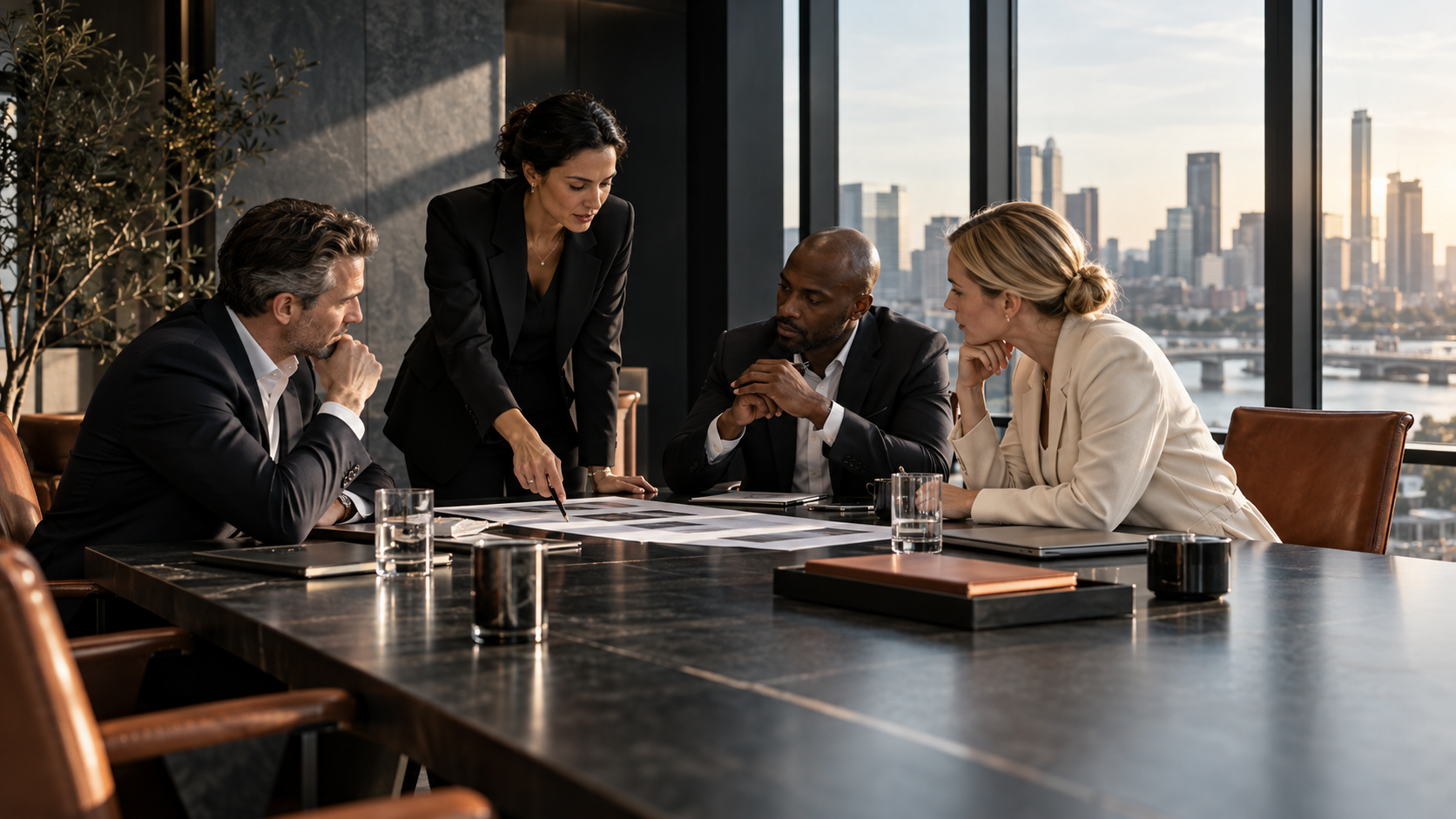 Senior leadership team working through a commercial turnaround and client growth strategy in a modern boardroom.