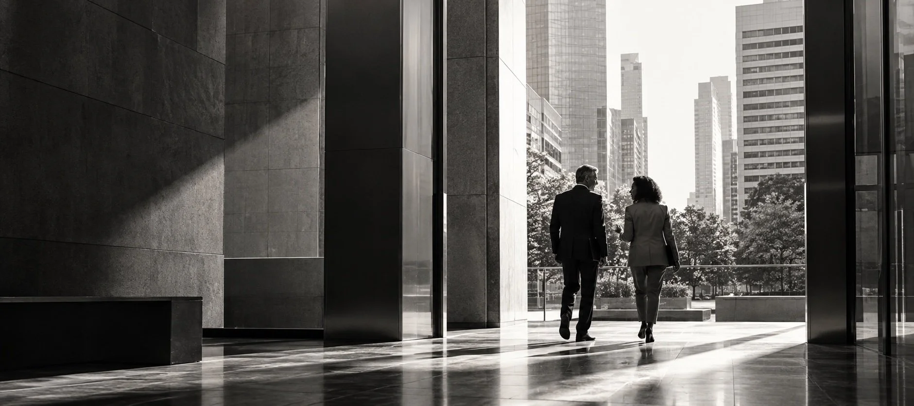 Two senior consultants walking through a modern architectural threshold into daylight in Houston.