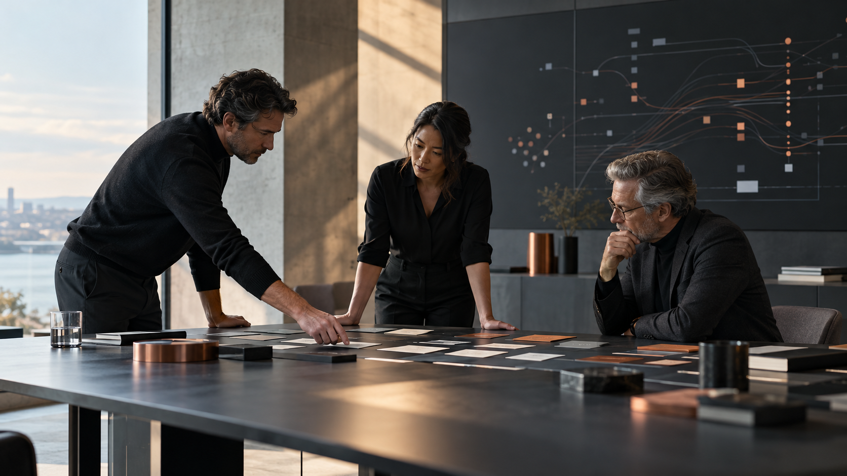 Senior leaders mapping AI-enabled workflows and early-warning systems in a modern operations studio.