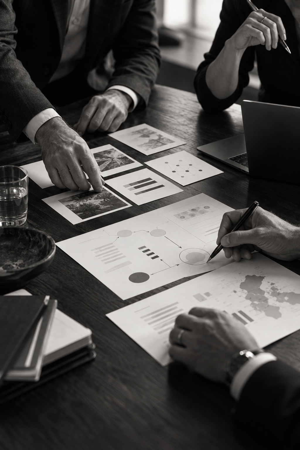 Senior consultants organizing evidence, reviewing data, and prioritizing a path forward during a working session.