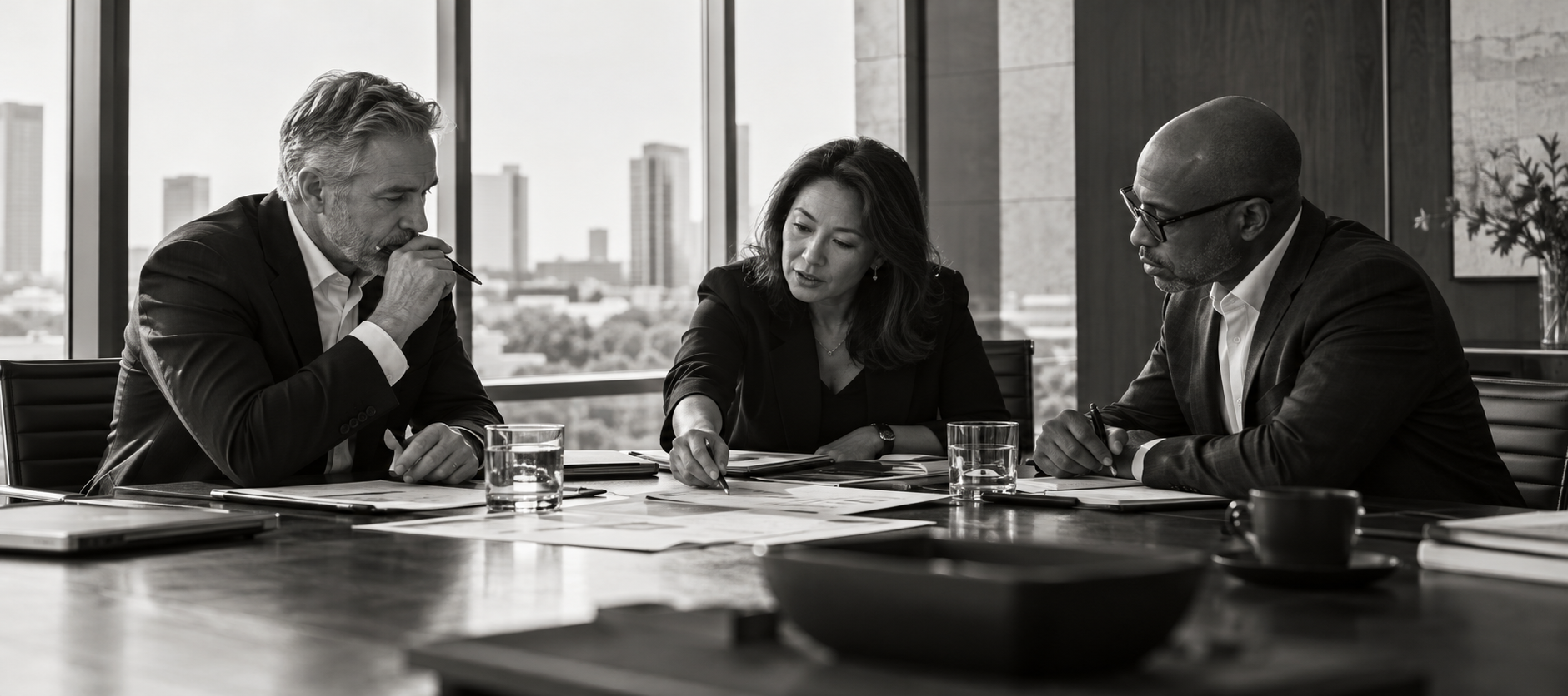Three senior consultants reviewing evidence and making a strategic decision in a Houston boardroom.