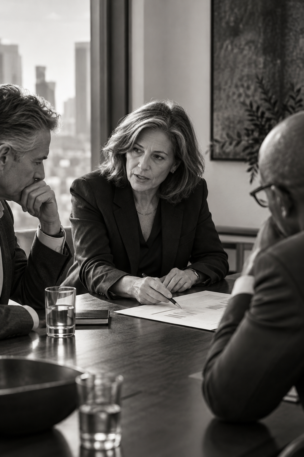 An experienced senior consultant leading two executives through a business decision in a candid working session.