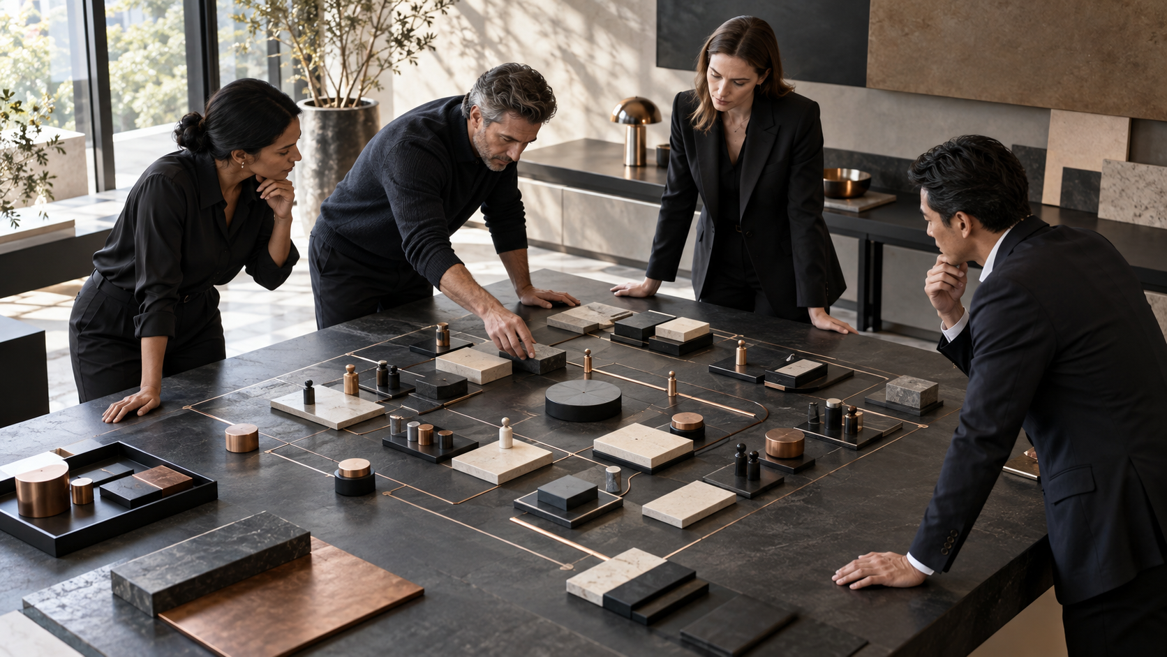 Senior operating-model team mapping roles, decisions and workflow handoffs in a modern studio.