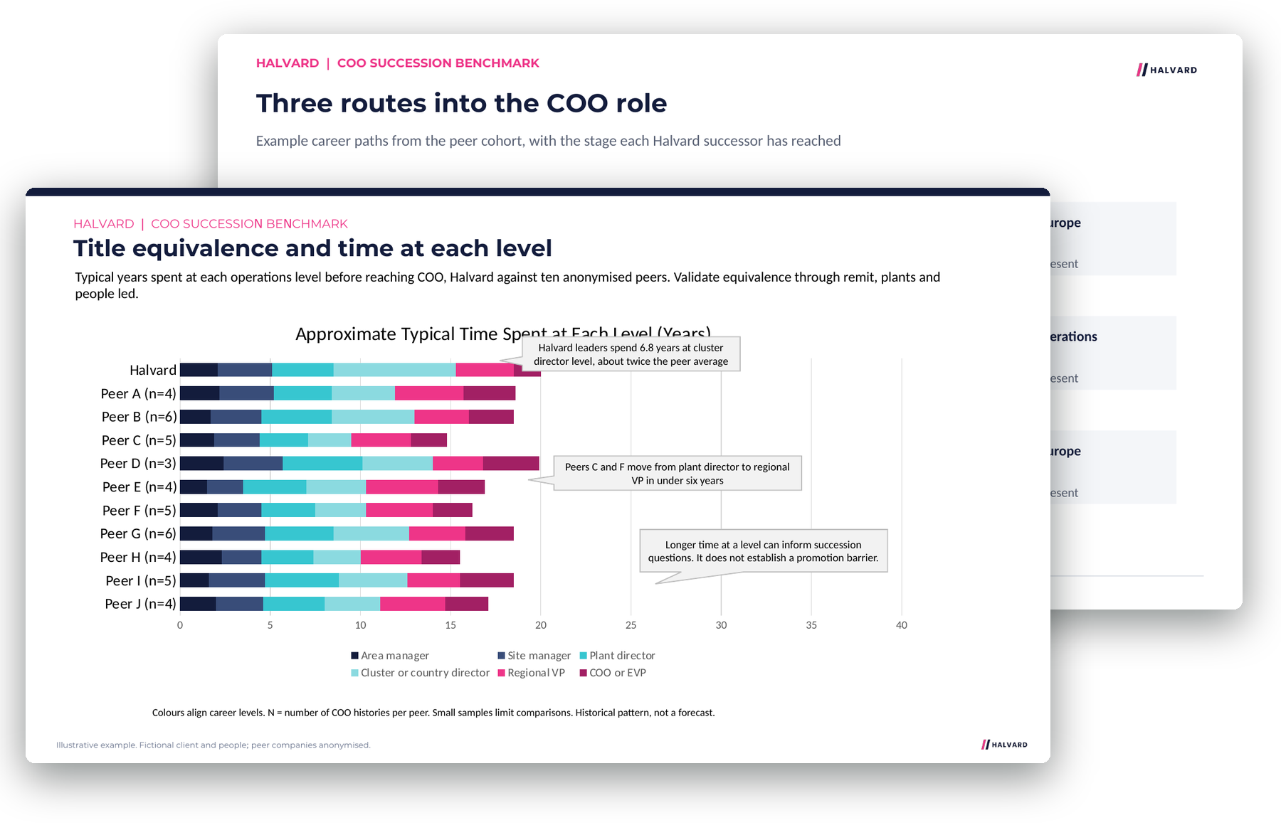 Example title levelling report: job titles mapped to comparable seniority levels across employers