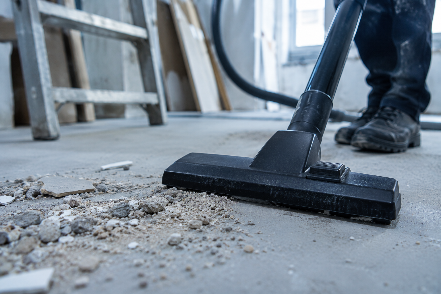 Person using a vacuum cleaner on a concrete floor in a construction site with scattered debris, ladders, and construction materials in the background.