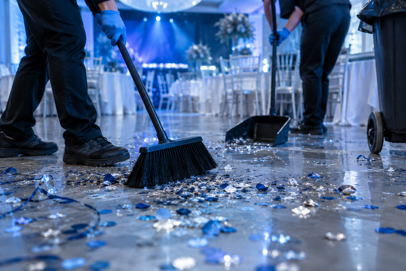 People cleaning up blue and silver confetti off a dance floor in a decorated event hall with tables and chairs, likely after a celebration or wedding reception.