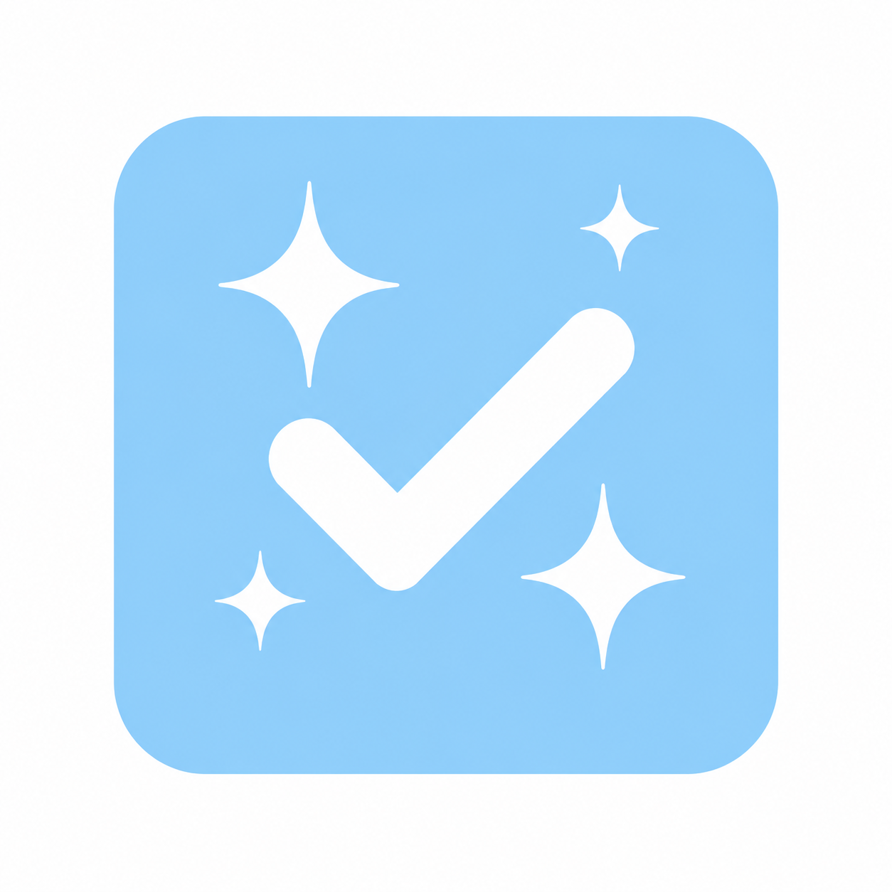 Blue app icon with a white checkmark and sparkling stars, indicating verification or cleanliness.