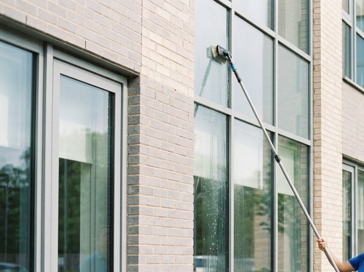 Person using a long cleaning tool to wash the outside of tall glass windows on a building.