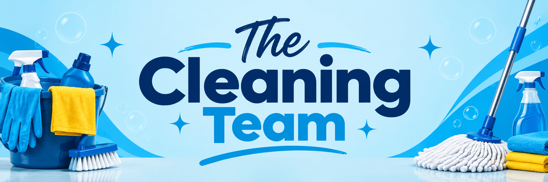 Cleaning supplies including spray bottles, gloves, towels, mop, and scrubber with the text "The Cleaning Team" in blue on a light blue background