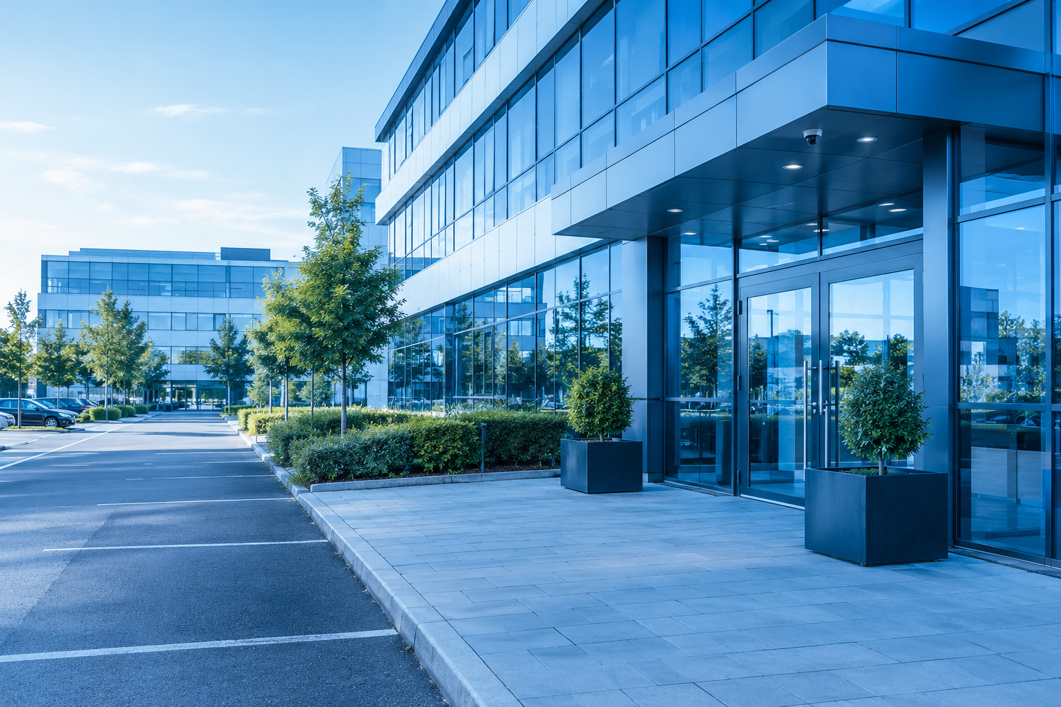 Modern glass office building with parking lot and trees outside.